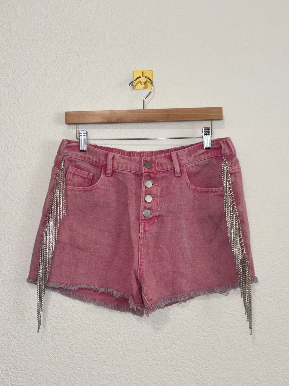 Savanna Jane Rose Pink Denim Shorts with Rhinestone Fringe Size Medium